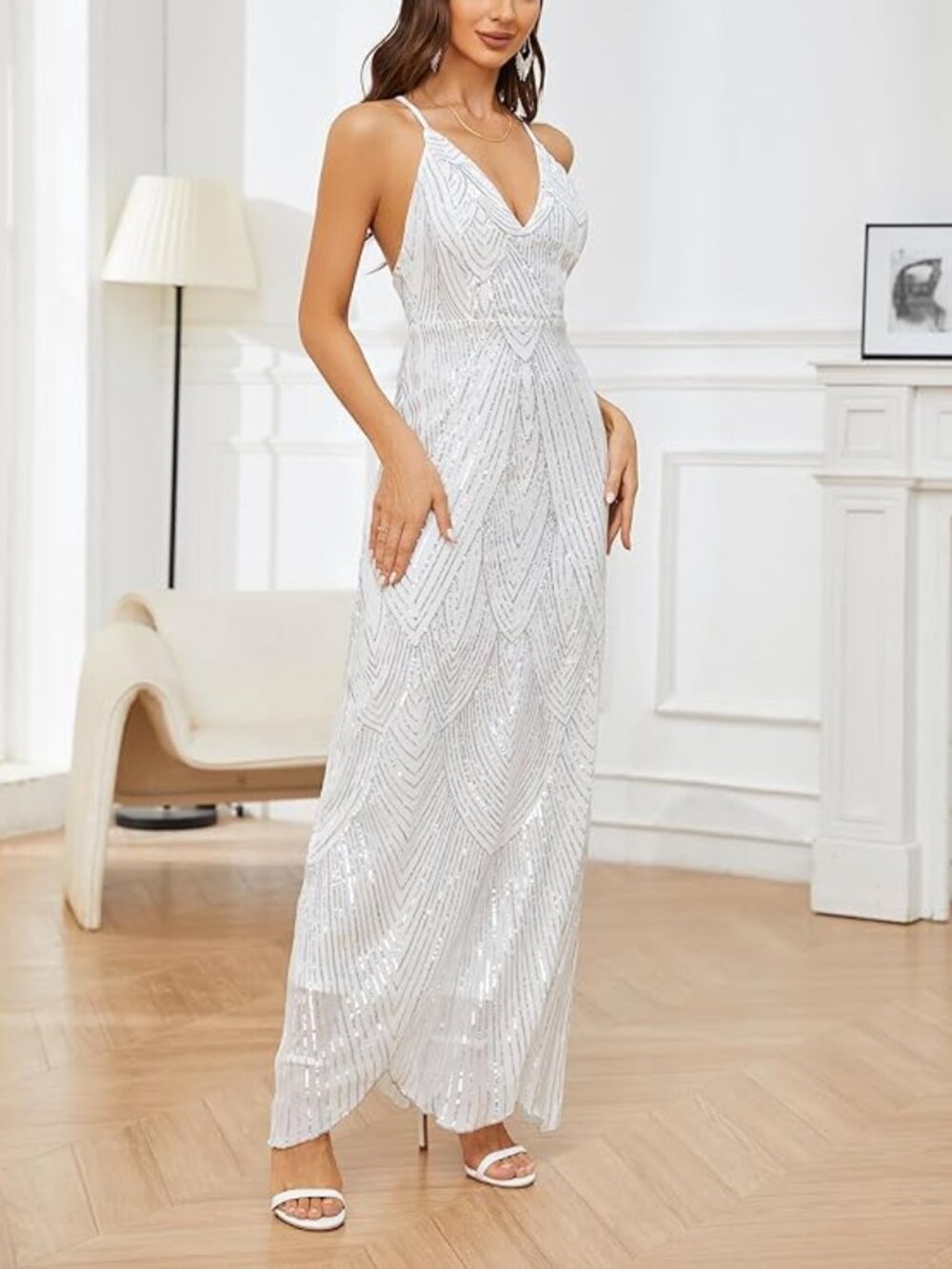 Women's V Neck Spaghetti Straps Sequin Sparkly Glitter Irregular Hem Prom Dress
